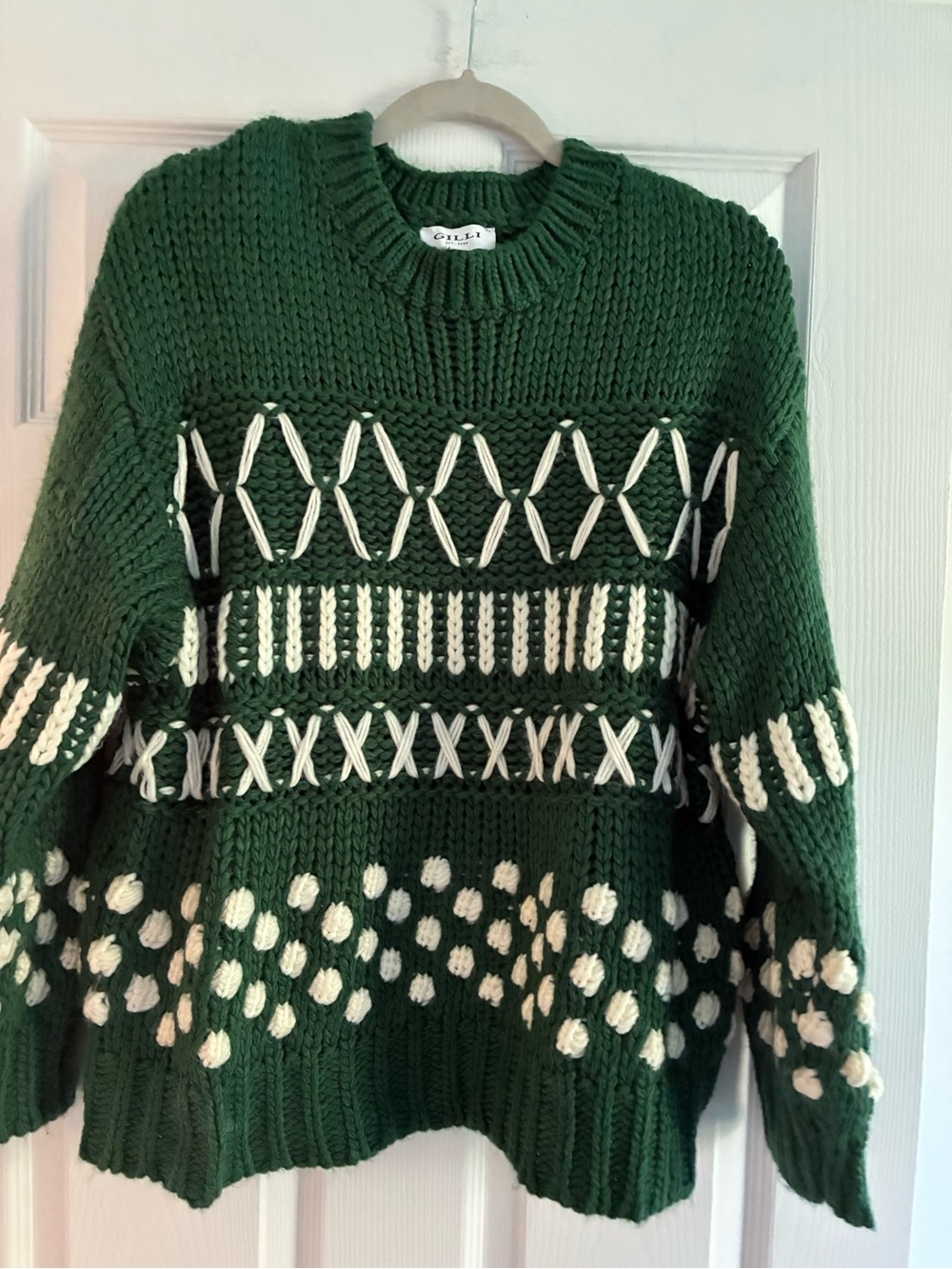 GILLI Womens Chunky Knit Sweater Long Sleeve Green/White Size Large